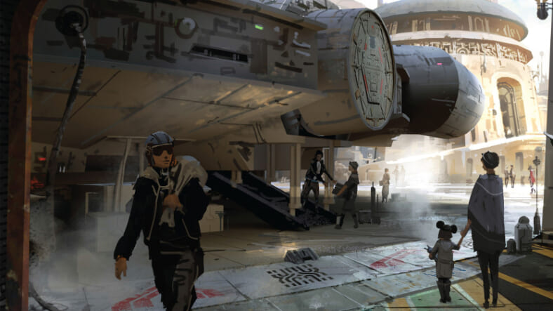 Artist's concept of folks boarding the iconic Millennium Falcon