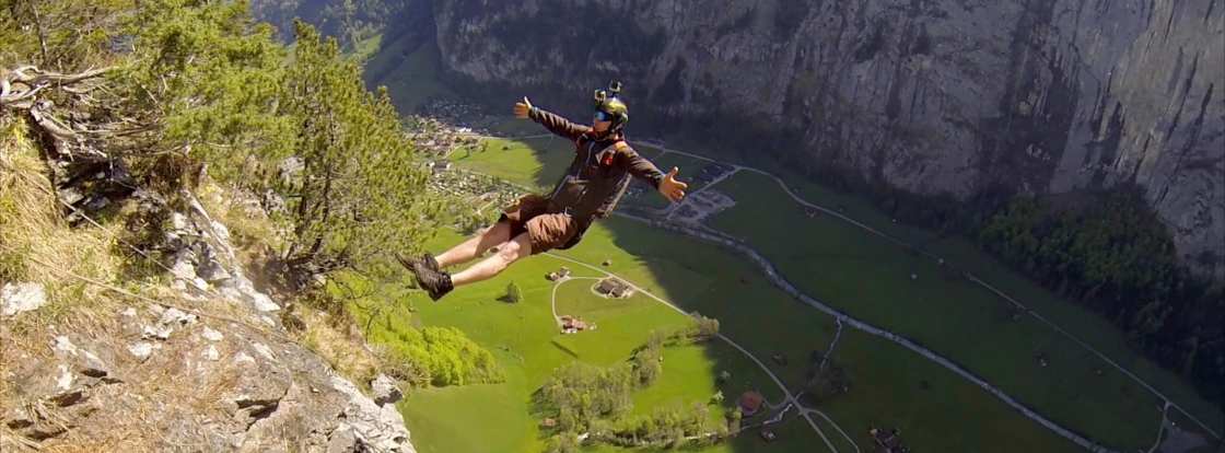 A base jumper equipped with a GoPro
