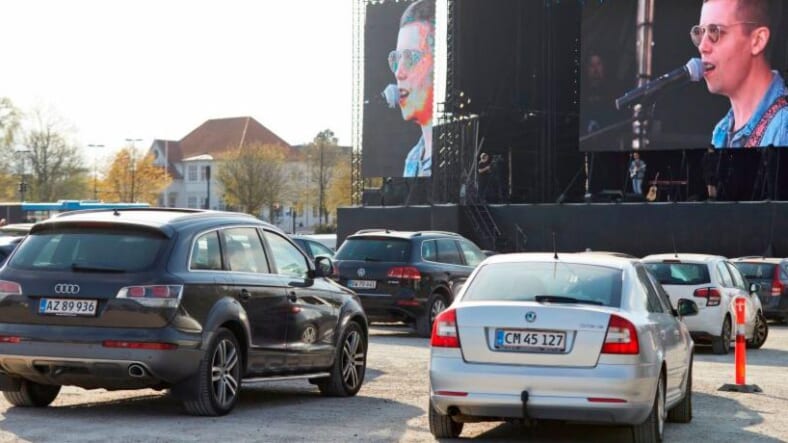 Image from a drive-in music concert that took place in Denmark in April 2020.
