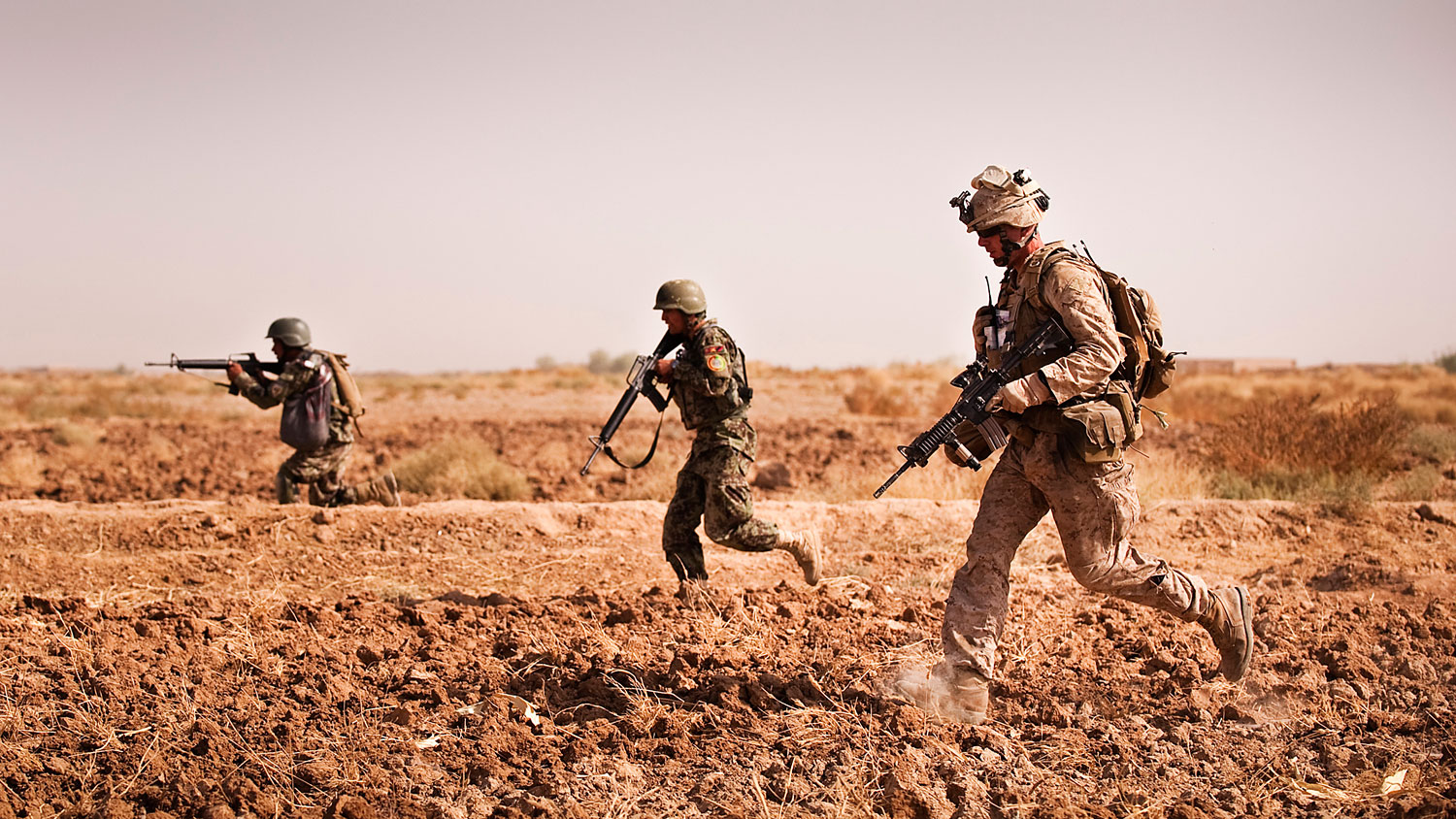 Firefight - Sgt. Charles Schneider, a squad leader with India Company, 3rd Battalion, 3rd Marine Regiment, and Afghan National Army soldiers from the 1st Kandak, 1st Brigade, 215th Corps, bound toward a road in Trek Nawa, Afghanistan, to move into a support position for squads in a firefight during Operation Black Tip, Oct. 14, 2010. Black Tip was a one-day clearing operation to disrupt enemy activity, during which the Marines and Afghan soldiers detained four men suspected of combatant activity and removed a weapons cache from the area. Schneider is from Flagstaff, Ariz.