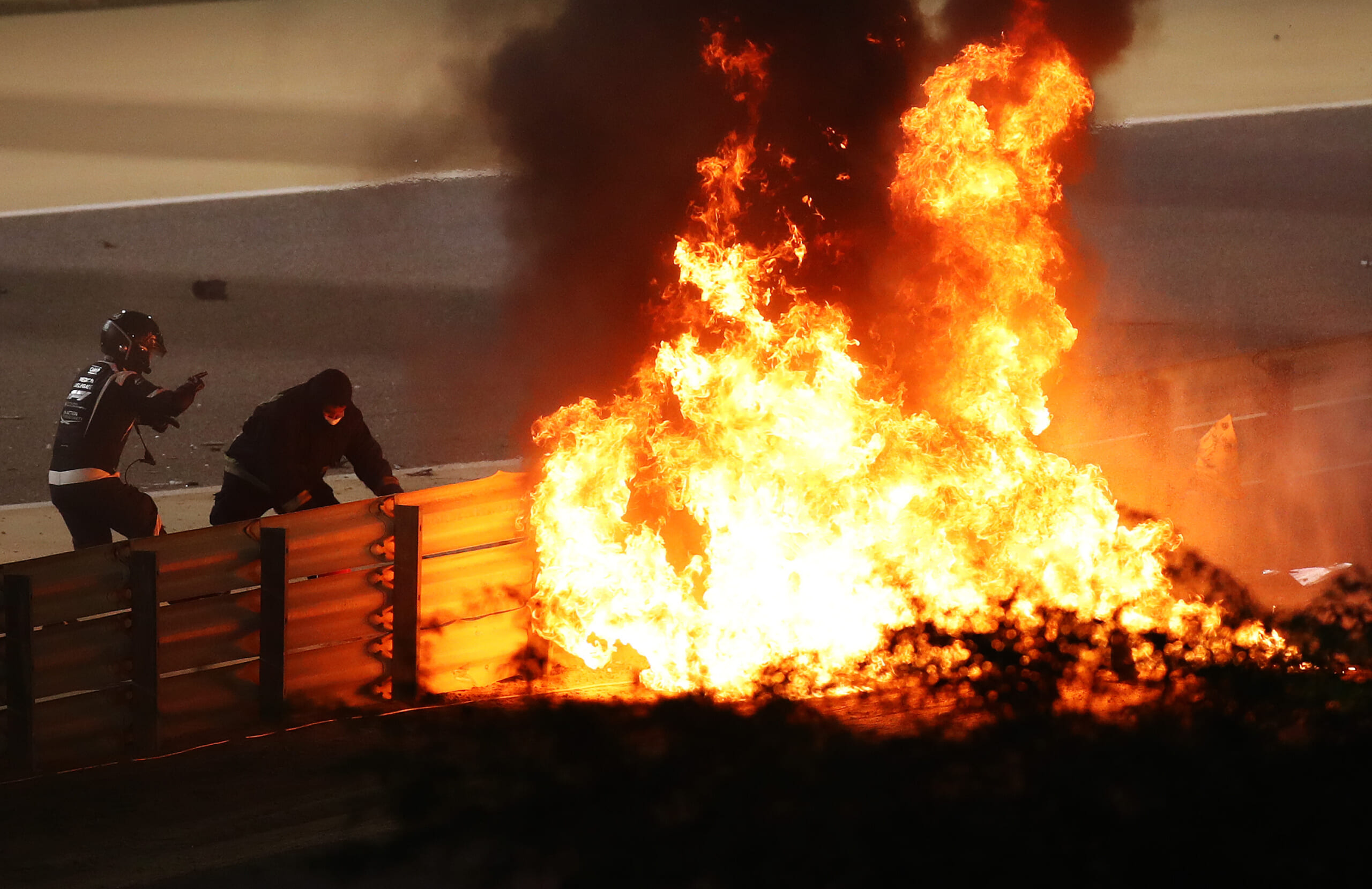 Fiery crash of Romain Grosjean of France and Haas F1 during the F1 Grand Prix of Bahrain on November 29, 2020 in Bahrain, Bahrain.