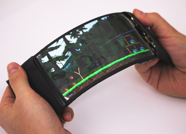 A prototype of the highly bendable ReFlex phone
