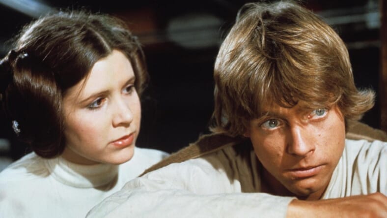 Carrie Fisher as Leia and Mark Hamill as Luke in 'Star Wars'