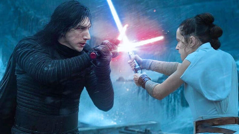 Kylo Ren (Adam Driver) and Rey (Daisy Ridley) locked in combat in The Rise of Skywalker.