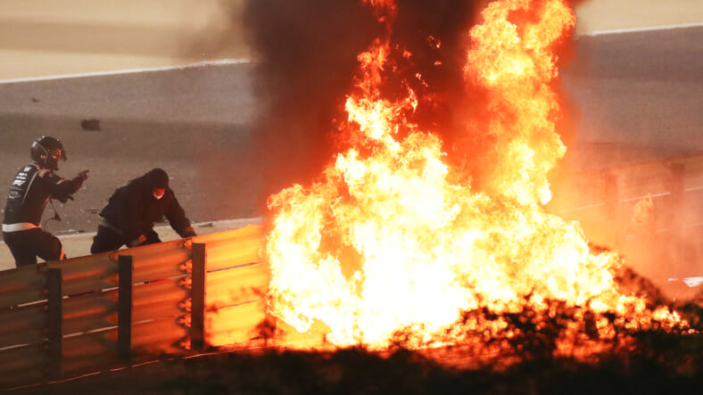 Fire following the crash of Romain Grosjean of France and Haas F1 during the F1 Grand Prix of Bahrain on November 29