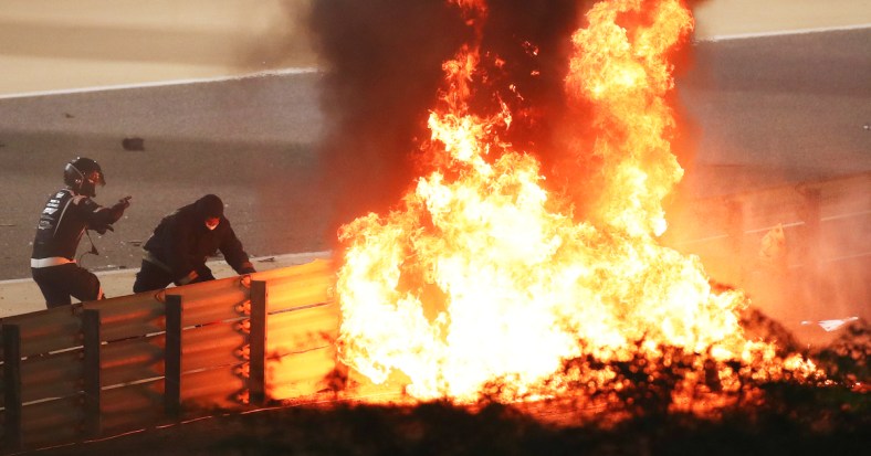 Fire following the crash of Romain Grosjean of France and Haas F1 during the F1 Grand Prix of Bahrain on November 29