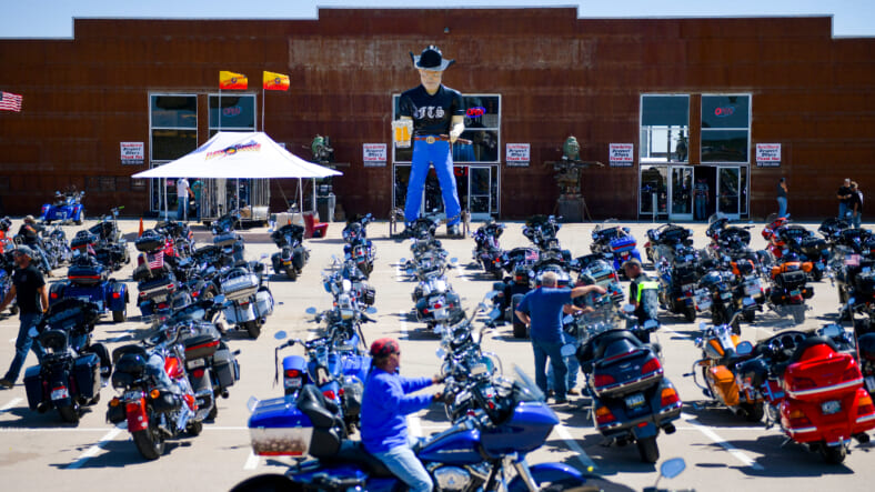 A motorcycle rider outside the Full Throttle Saloon during the 80th Annual Sturgis Motorcycle Rally in Sturgis
