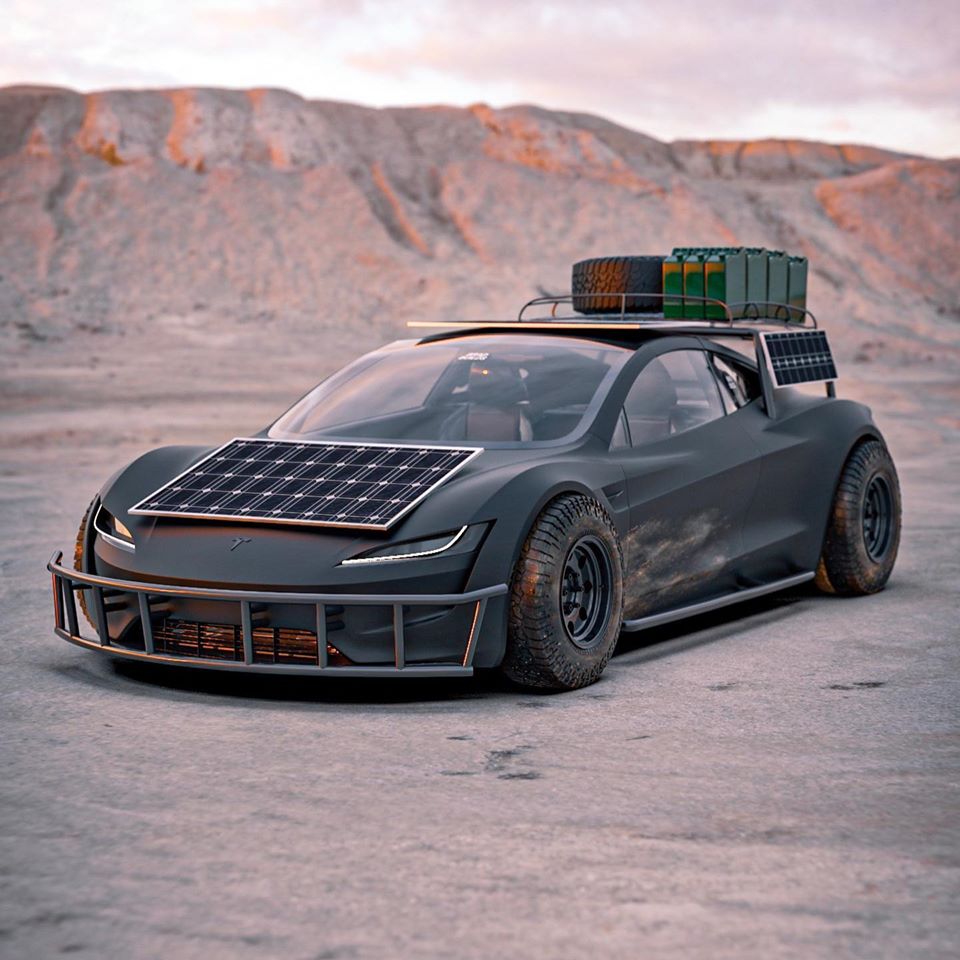 The apocalypse-ready Tesla Roadster Safari Concept by BradBuilds is equipped with solar panels, off-road tires, jerrycans of water and more.