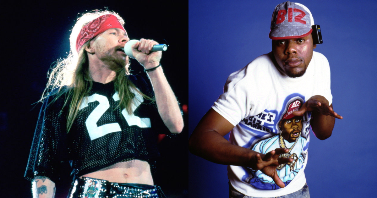 Axl Rose in 1992; Biz Markie in the late 1980s.