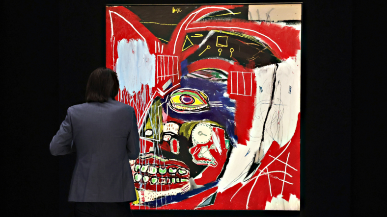 'In This Case' by Jean-Michel Basquiat on display at a preview of the 21st Century Evening Sale at Christie's on May 07