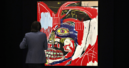 'In This Case' by Jean-Michel Basquiat on display at a preview of the 21st Century Evening Sale at Christie's on May 07