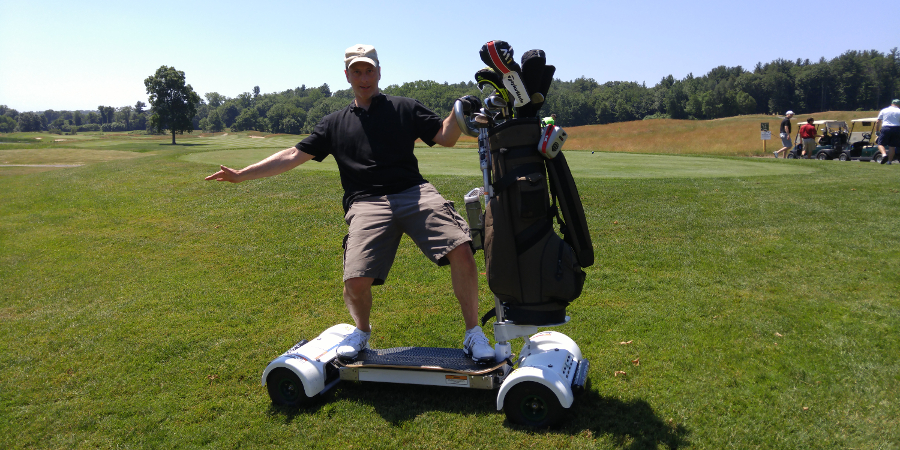 Me riding the GolfBoard at The Ranch in Southwick, Mass. (Photo: Scott Tharler)