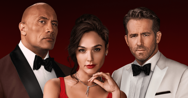 Dwayne Johnson, Gal Gadot, and Ryan Reynolds from poster for "Red Notice."