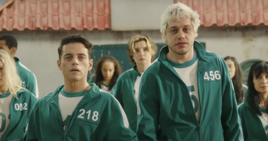 Rami Malek and Pete Davidson in SNL Squid Game digital short.